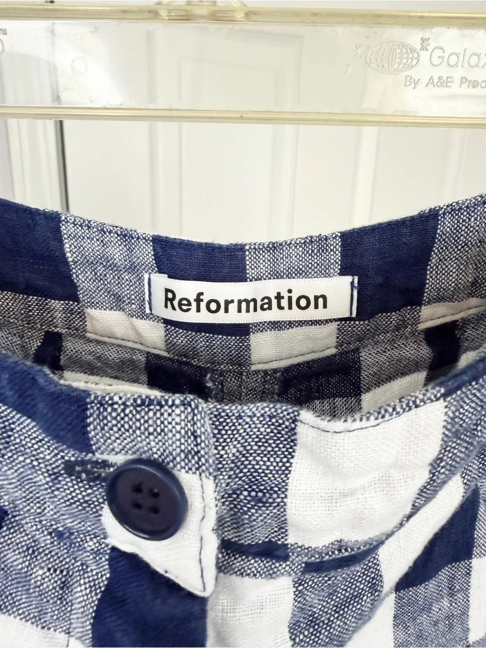 Reformation Size 2 • Linen Blue Plaid High Waist Pants Trousers.